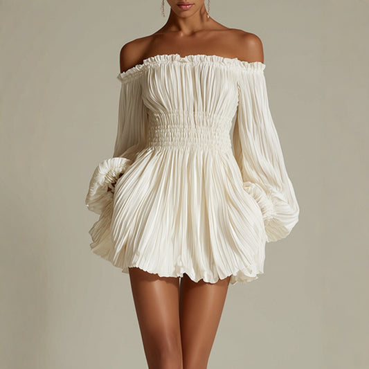 Elegant One-Shoulder Pleated Fitted Long Sleeve Dress for Women
