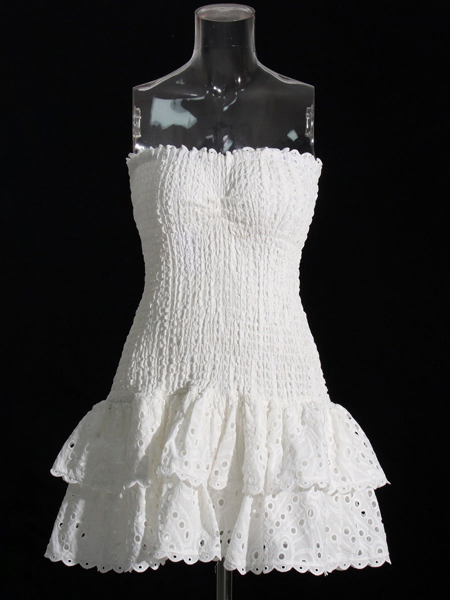 Embroidery Dress For Women Strapless Sleeveless High Waist Patchwork Folds Slimming Dresses