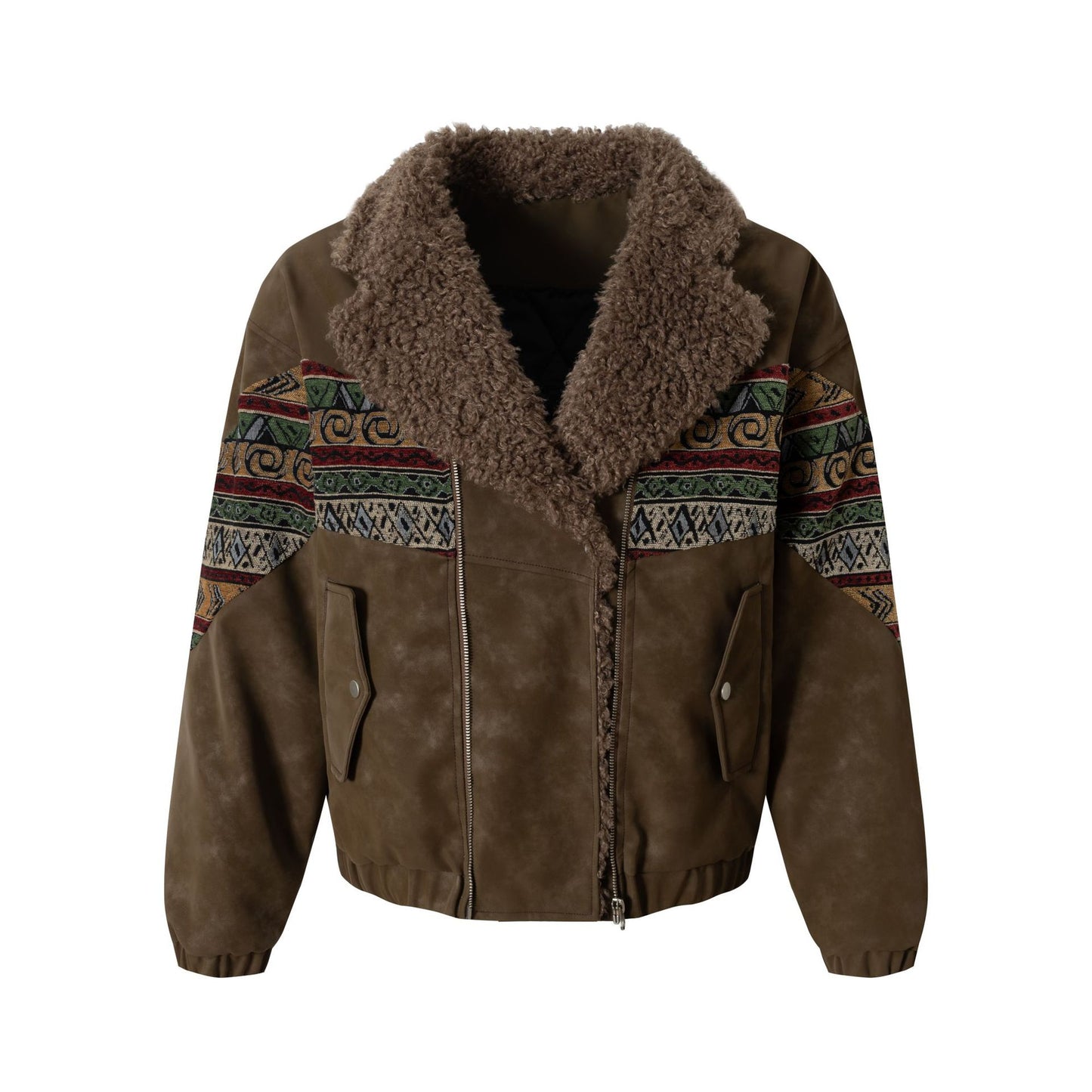Retro ethnic style woven belt splicing PU leather jacket cotton jacket