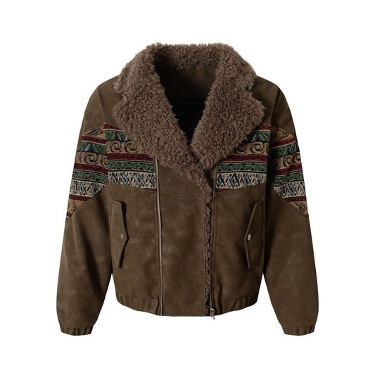 Retro ethnic style woven belt splicing PU leather jacket cotton jacket