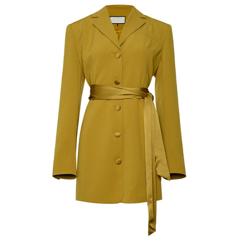 Women Yellow Belted Elegant Blazer Dress