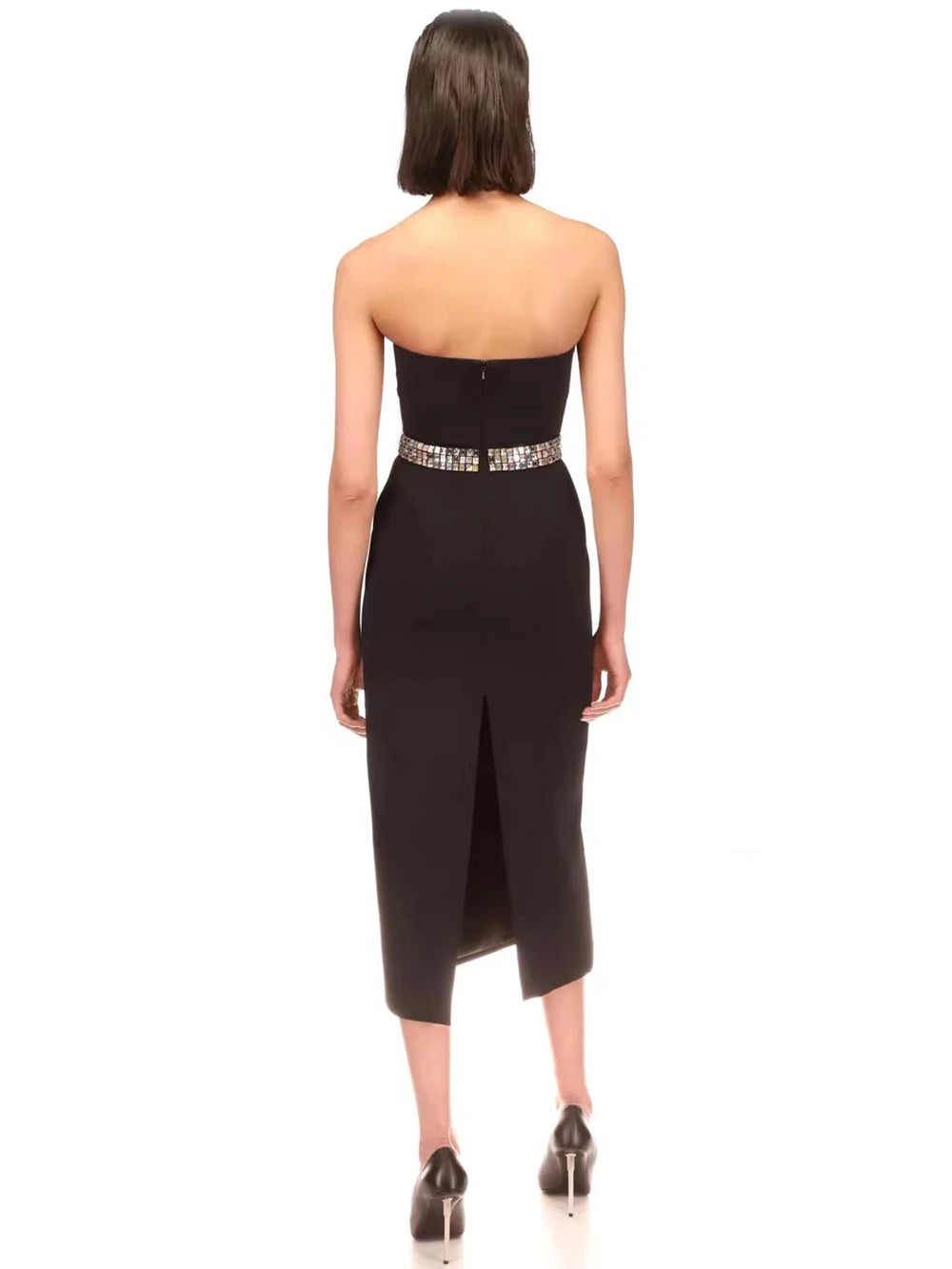 Knitted black strapless beaded evening dress with bandages and backless dress