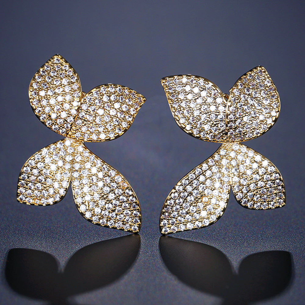 Clover Flower Stud Earrings with Rhinestones