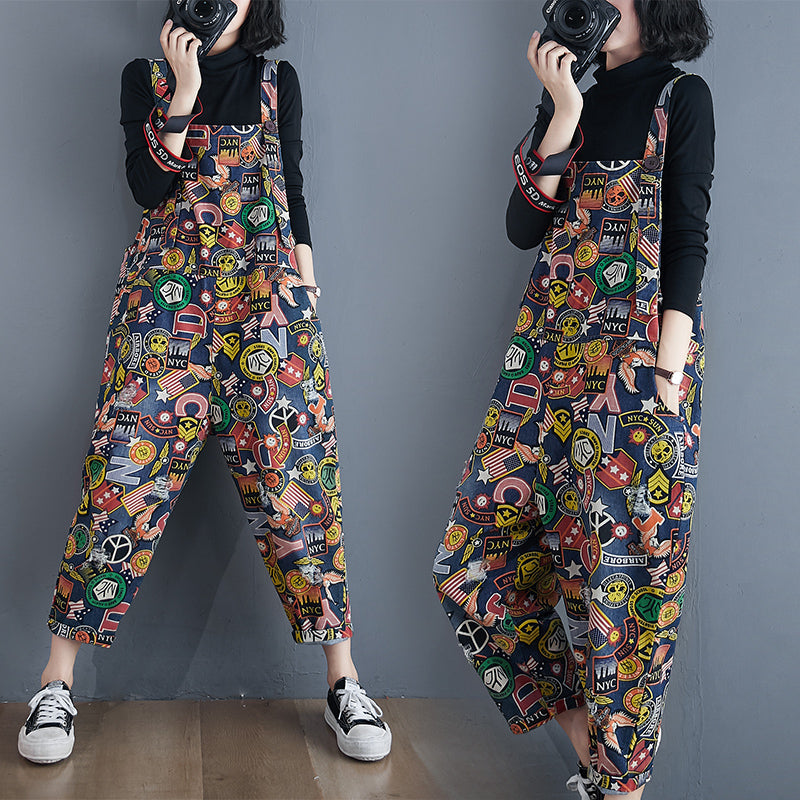 "Printed Denim Overalls for Women - High Waist Loose Fit"