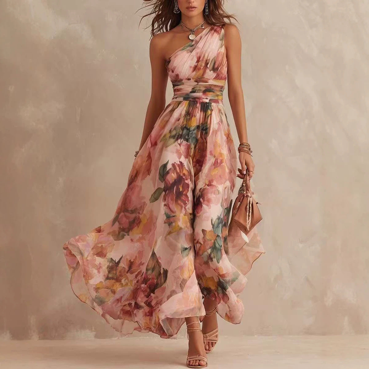 One shoulder waist cinched beach long dress