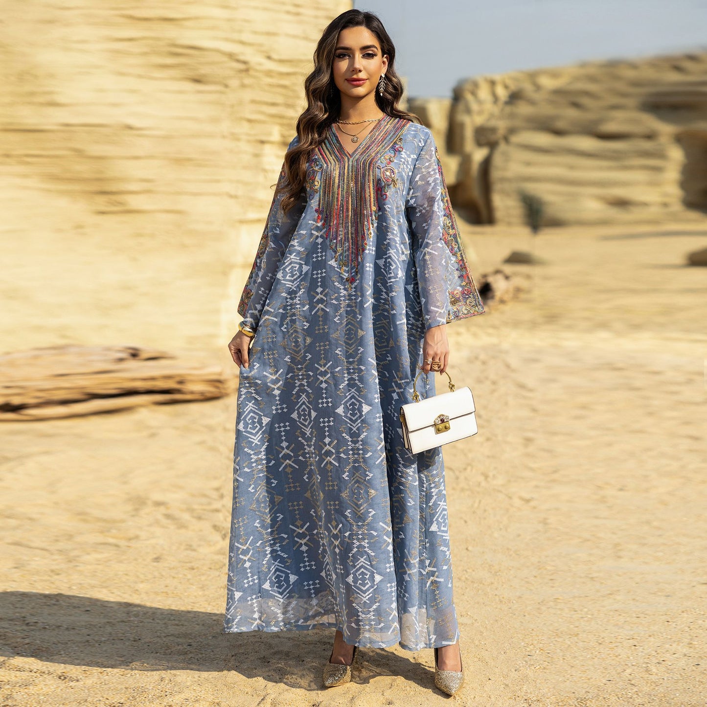 Embroidered Evening Dress with Applique Patchwork Dress