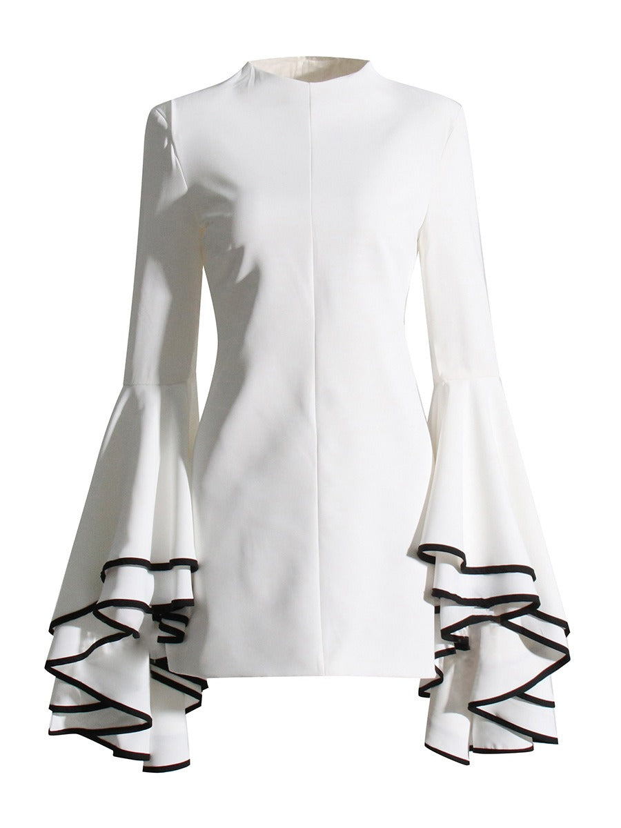 Temperament Spliced Ruffles Dresses For Women O Neck Butterfly Sleeve Tunic Casual Elegant Dress