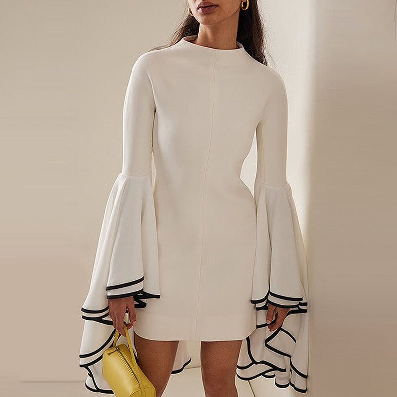 Temperament Spliced Ruffles Dresses For Women O Neck Butterfly Sleeve Tunic Casual Elegant Dress