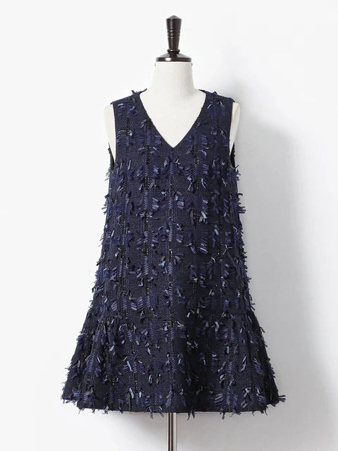 Elegant Patchwork Tassel Mini Dresses For Women V Neck Sleeveless High Waist Spliced Zipper Solid Loose Dress Female New