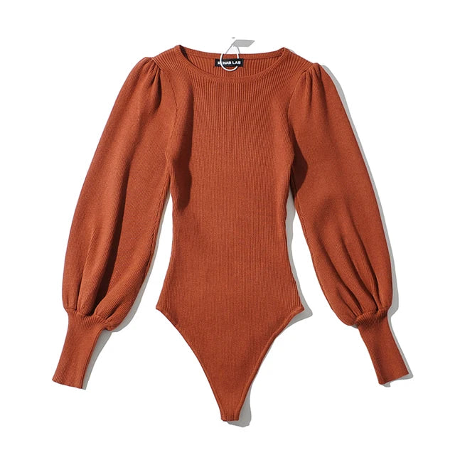 Knitted  Bodysuits Puff Sleeve Elastic Jumpsuit