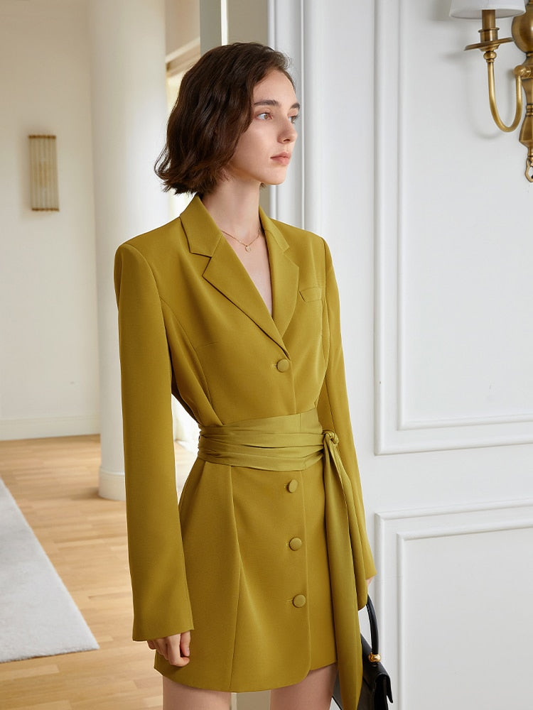 Women Yellow Belted Elegant Blazer Dress