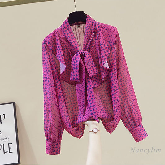 Women's Clothing Elegant Bow Tied Ruffled Chiffon Shirt Blouses Long Sleeve All-Match Tops Lady Spring Autumn