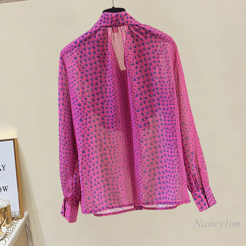 Women's Clothing Elegant Bow Tied Ruffled Chiffon Shirt Blouses Long Sleeve All-Match Tops Lady Spring Autumn