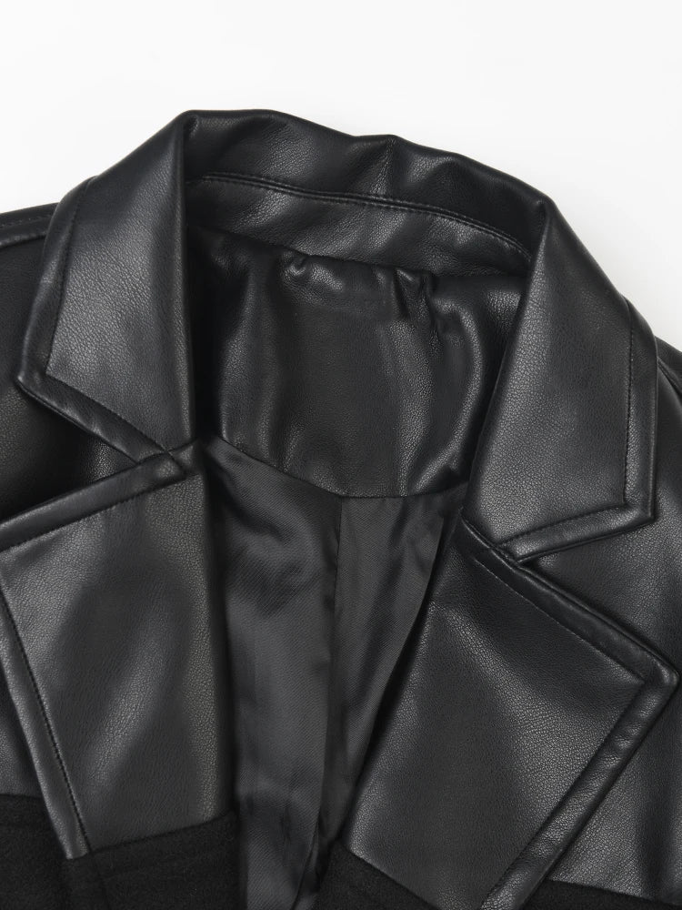 Black Pu Leather Big Size Long Woolen Coat New Lapel Long Sleeve Women Jacket Fashion Tide Autumn Winter