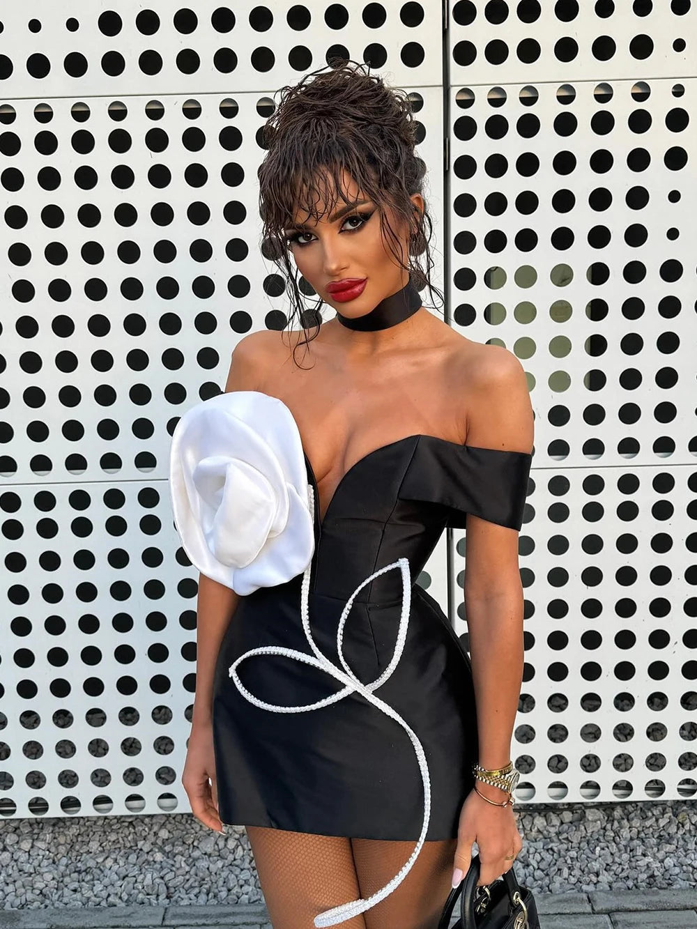 Sexy Off Shoulder 3D Flower Bandage Mini Dress Women Black Bodycon Short Dresses Fashion Cocktail Party Club Lady Vestido