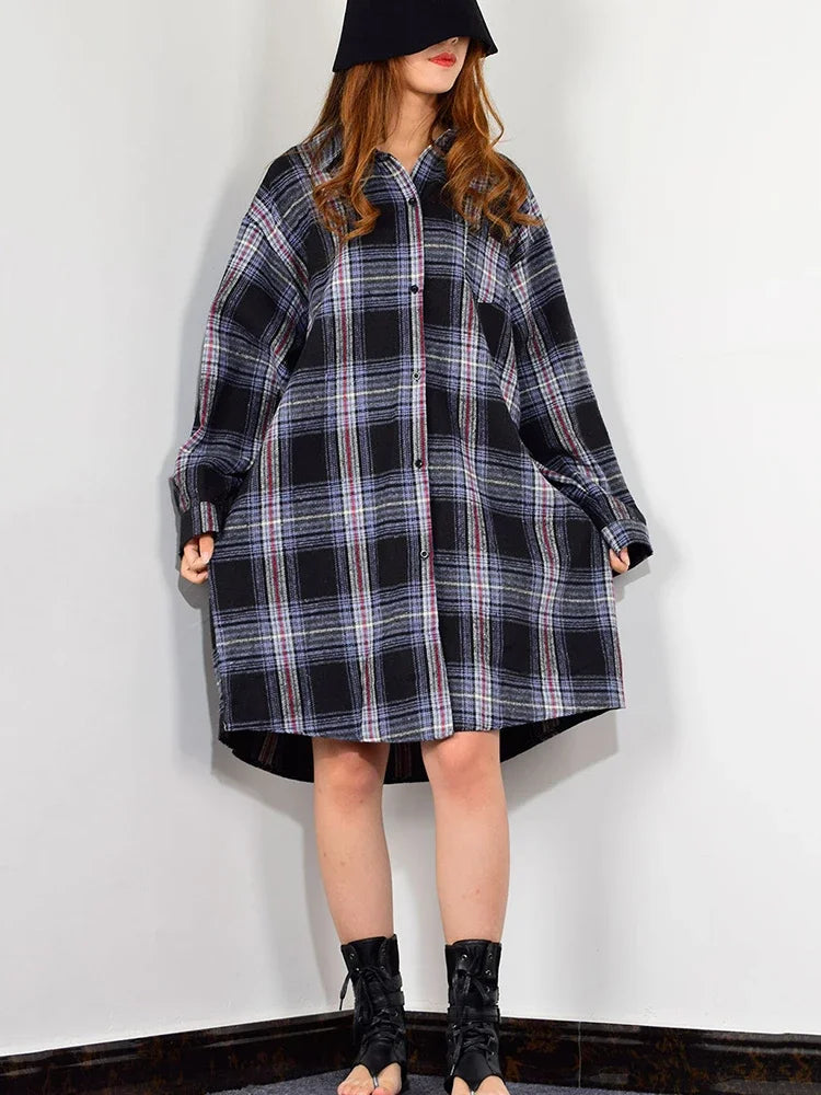 Plaid Casual Single Breasted Long Blouses Women Autumn Loose Fashion Tide Turn Down Collar Long Sleeve