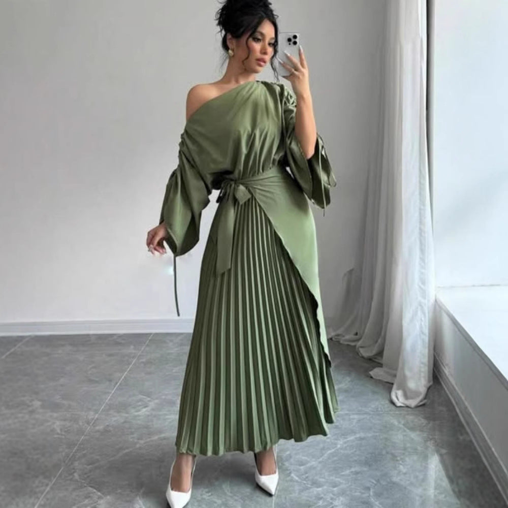 Pleated Flared Hem Evening Dress with Waistband for Women