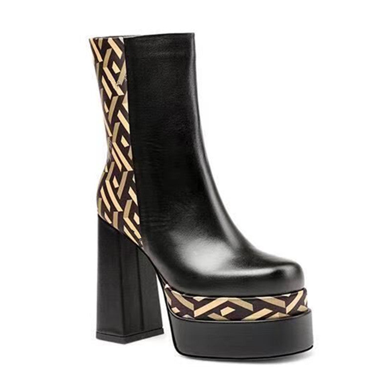 Early Autumn New Leather Square Head Thick High Heels Women's Bare Boots Side Zipper Increased Large 43 Short Boots