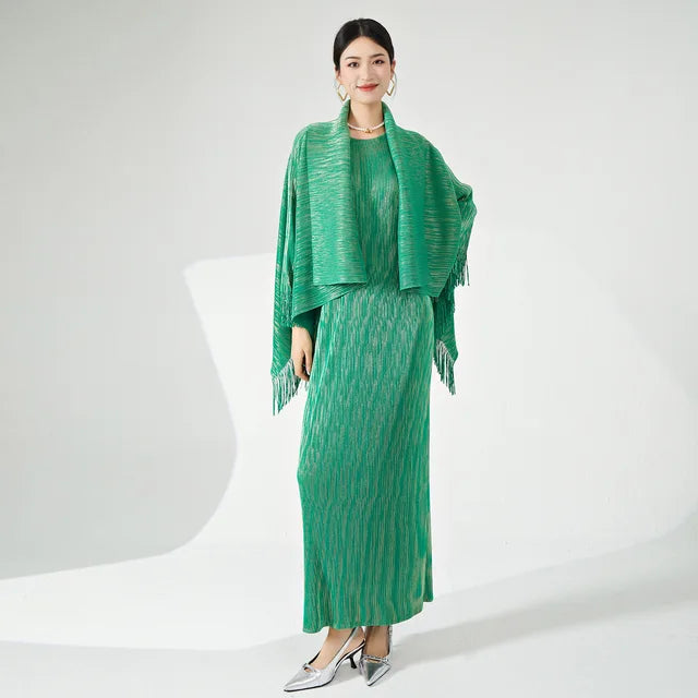 High End Pleated 2 Piece Set Women Tassel Irregular Shawl Sleeveless Long Dresses Elegant Party  Spring New