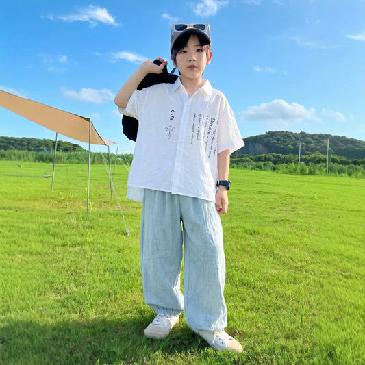 Boy's Short Sleeve Shirt Set, Casual Long Pants