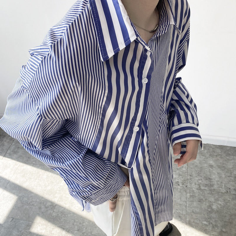 Women's Stripe Shirt Lapel Long Sleeves Single Breasted Irregular Spliced Blue Blouses Autumn