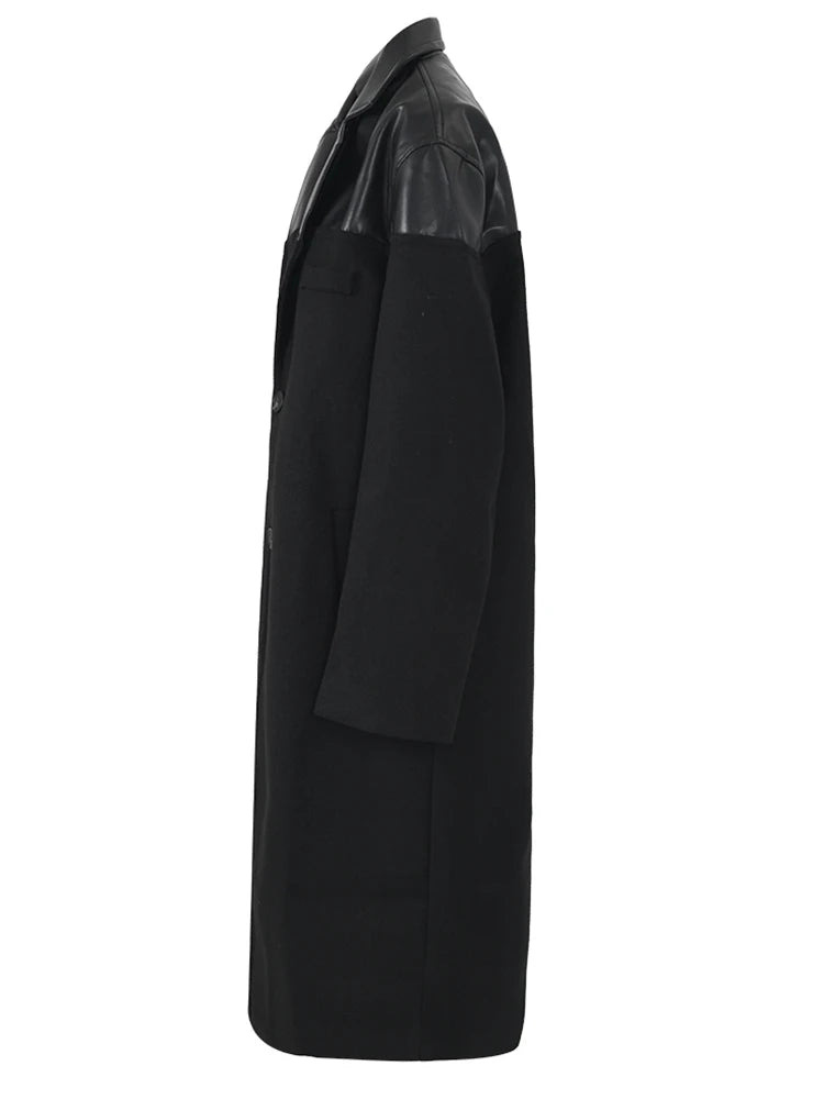 Black Pu Leather Big Size Long Woolen Coat New Lapel Long Sleeve Women Jacket Fashion Tide Autumn Winter