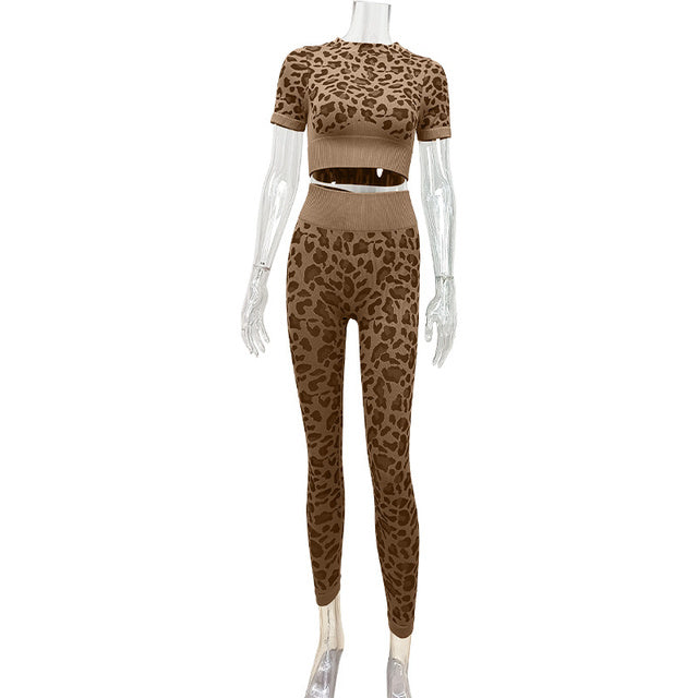 Leopard Print Short-Sleeved Yoga Fitness Suit