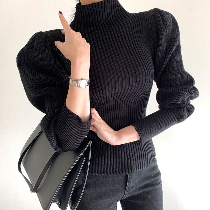 Slim Fit Women's Pullover Sweater with Puff Sleeves
