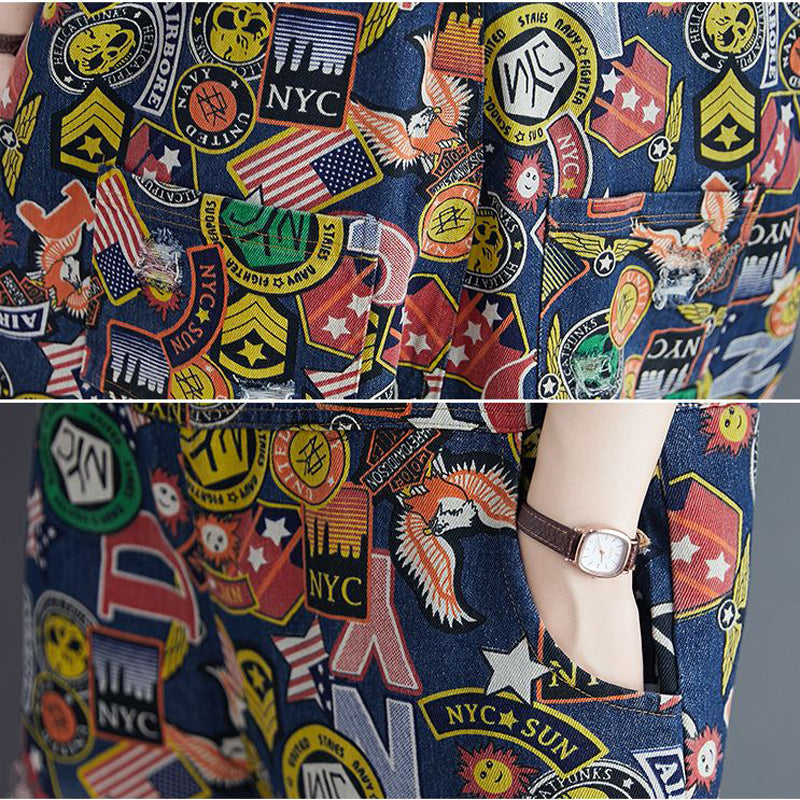 "Printed Denim Overalls for Women - High Waist Loose Fit"