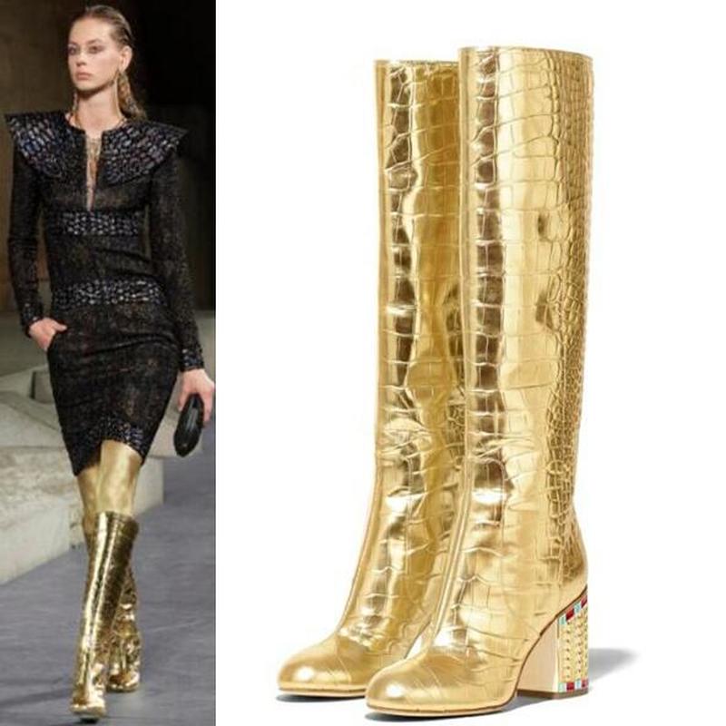 Crocodile Pattern Golden  Knee High  Boots   Leather Shoes