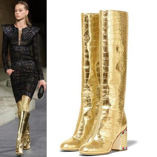 Crocodile Pattern Golden  Knee High  Boots   Leather Shoes