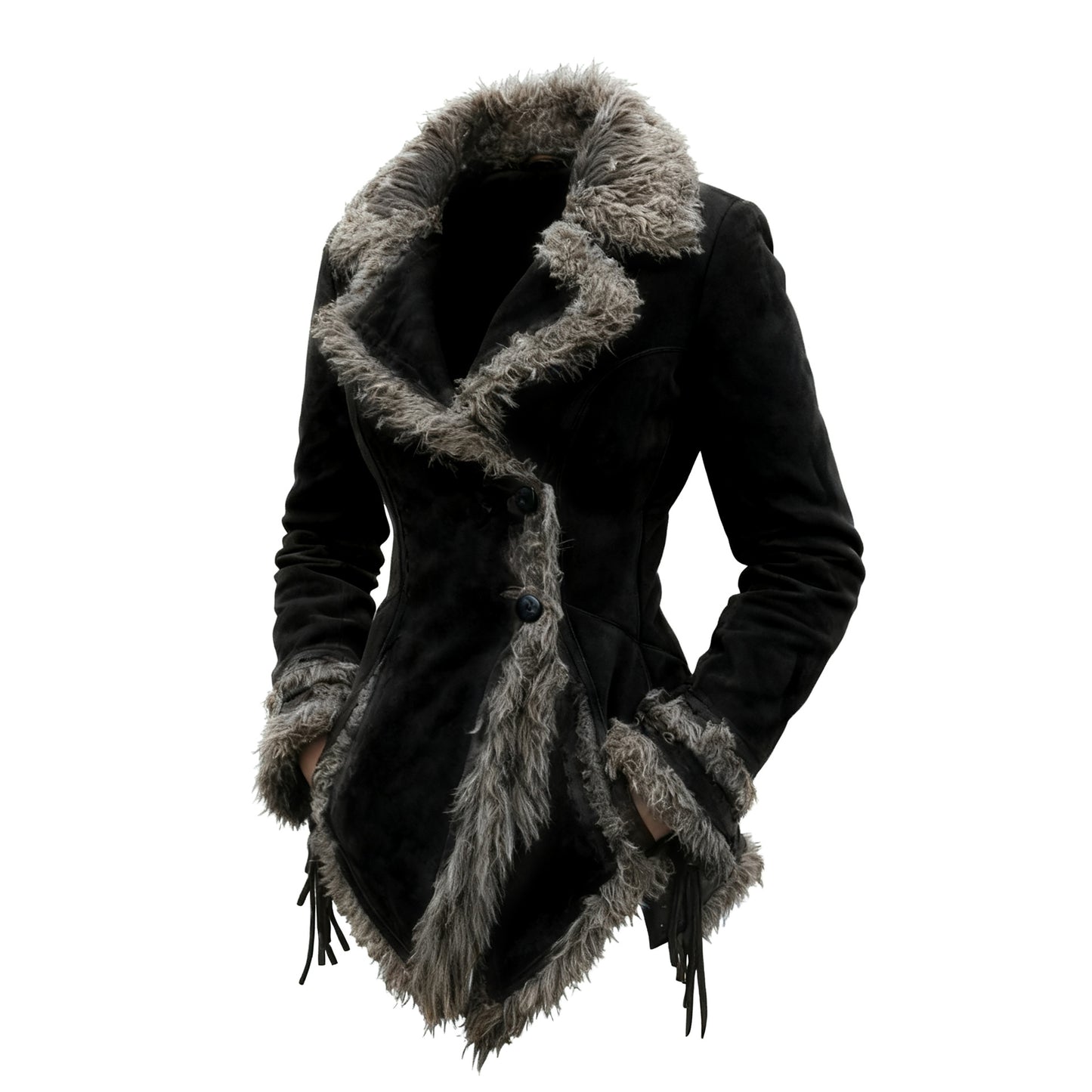 Vintage Faux Suede Coat with Fur Collar, Turn-Down CollarJacket for Women