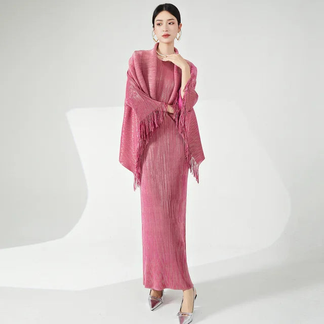 High End Pleated 2 Piece Set Women Tassel Irregular Shawl Sleeveless Long Dresses Elegant Party  Spring New