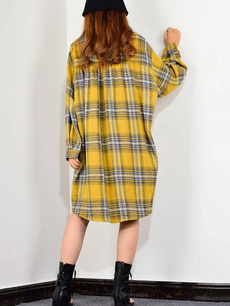 Plaid Casual Single Breasted Long Blouses Women Autumn Loose Fashion Tide Turn Down Collar Long Sleeve