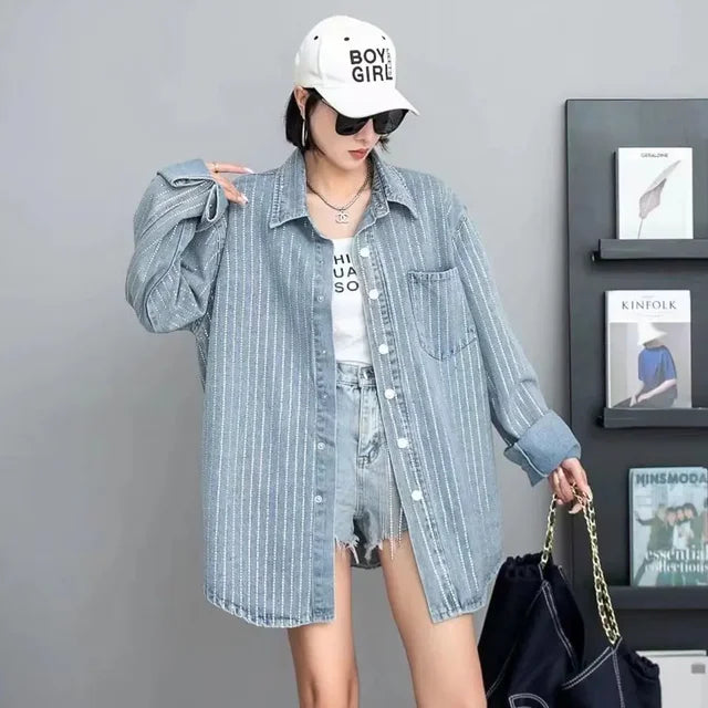 Women Crystal Striped Denim Shirt Coat Loose Long Sleeve Hot Drilling Diamonds Beaded Jeans Blouses Rhinestones Cardigan Tops