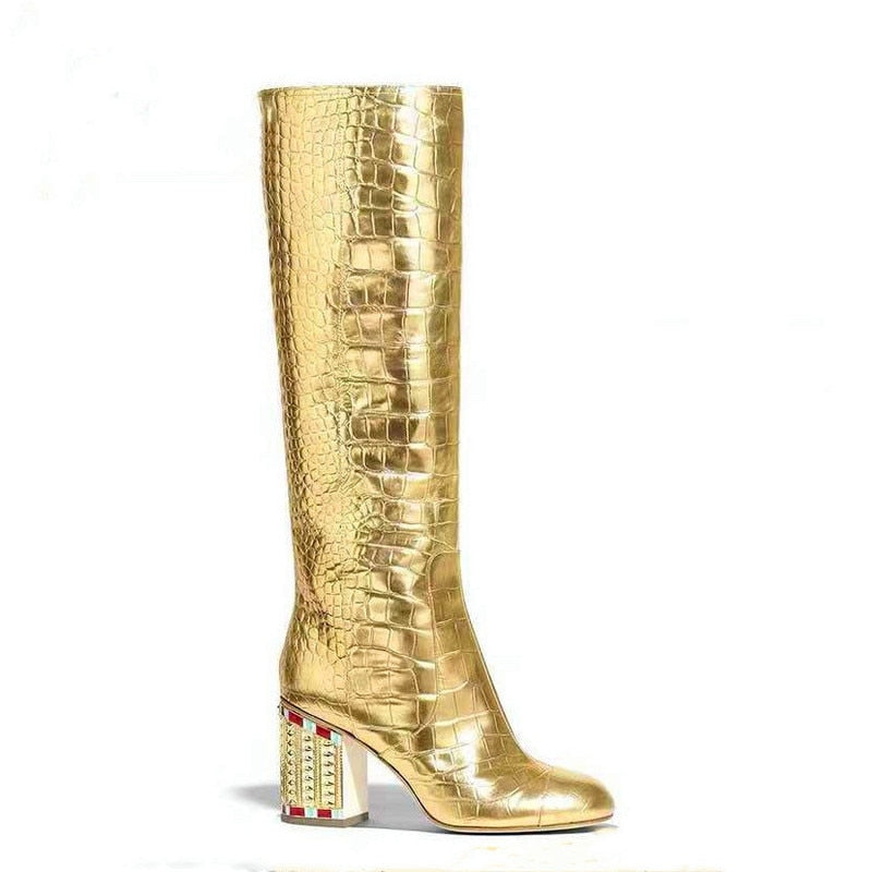 Crocodile Pattern Golden  Knee High  Boots   Leather Shoes