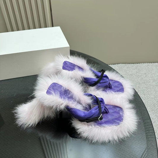 Designer Banquet Edge Fur Pumps Real Leather Sandals Women Ankle Pinch toe Sandals High Heel Runway Ladies Pumps