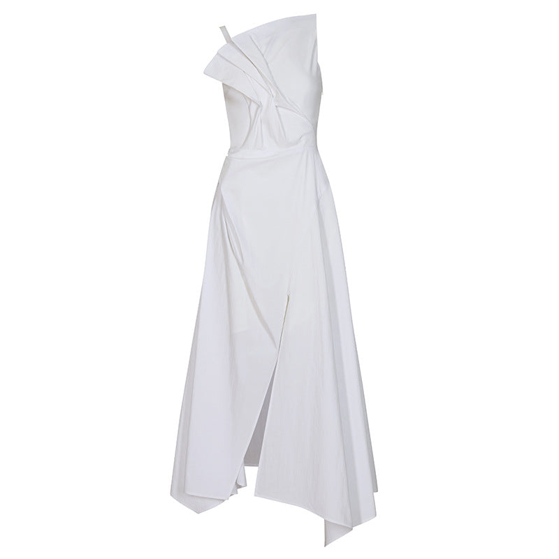 Female High Waist Irregular Split Pleated Design Sling Dresses For Women Elegant Solid Slim Dress  New Clothing