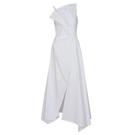 Female High Waist Irregular Split Pleated Design Sling Dresses For Women Elegant Solid Slim Dress  New Clothing