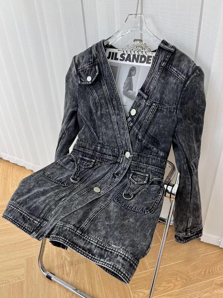 Denim Slim Dress For Women V Neck Long Sleeve High Waist Solid Mini Dresses Female Autumn Clothing Style New