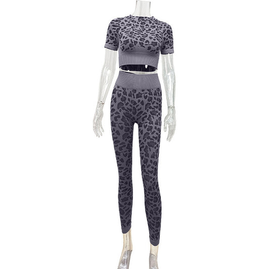 Leopard Print Short-Sleeved Yoga Fitness Suit