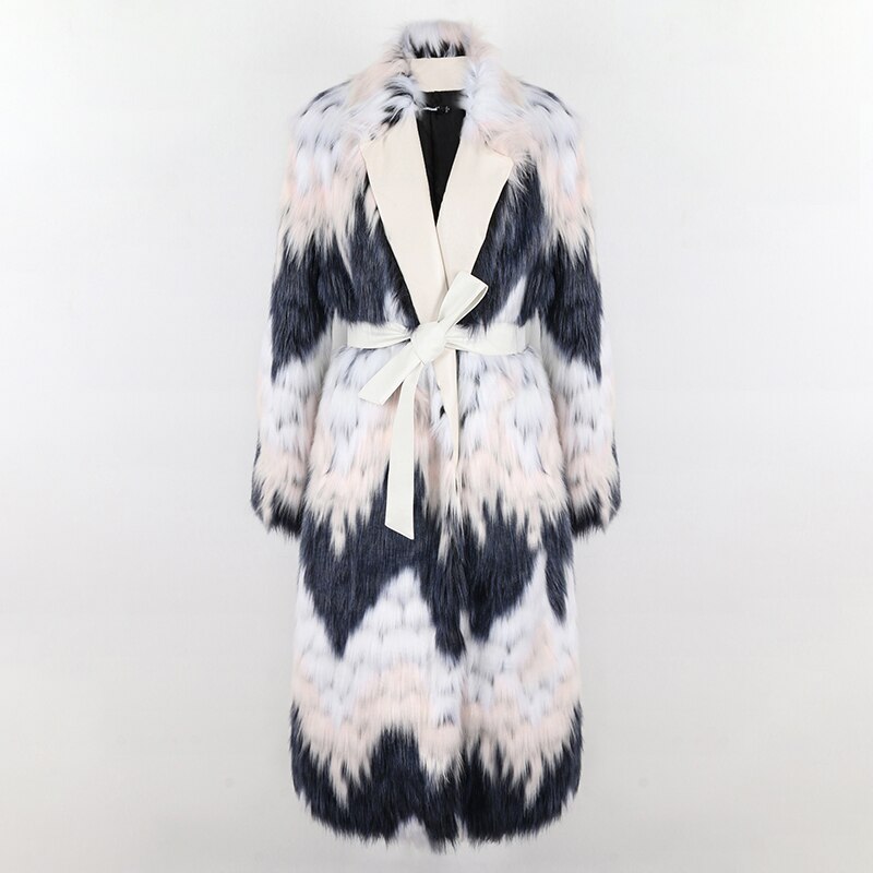 Nerazzurri Winter Long Colorful Leather Patchwork Faux Fur Coat Women Stylish Thick Warm Hairy Shaggy Fluffy Furry Overcoat
