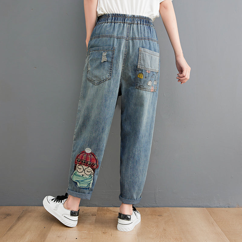 6537 Cartoon Litter Girl Embroidery Denim Pants For Women Trendy Hole