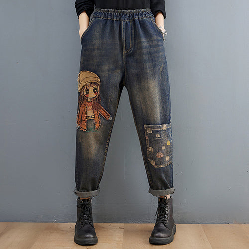 6537 Cartoon Litter Girl Embroidery Denim Pants For Women Trendy Hole