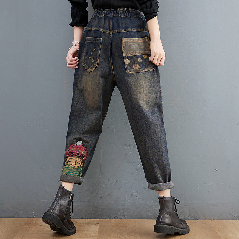 6537 Cartoon Litter Girl Embroidery Denim Pants For Women Trendy Hole