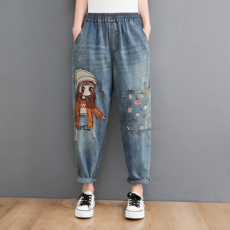 6537 Cartoon Litter Girl Embroidery Denim Pants For Women Trendy Hole