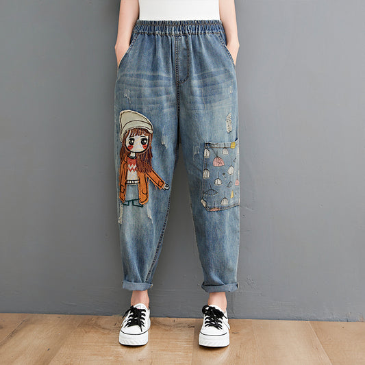 6537 Cartoon Litter Girl Embroidery Denim Pants For Women Trendy Hole