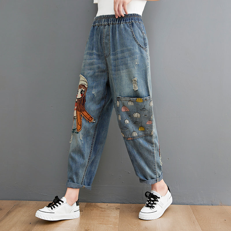 6537 Cartoon Litter Girl Embroidery Denim Pants For Women Trendy Hole
