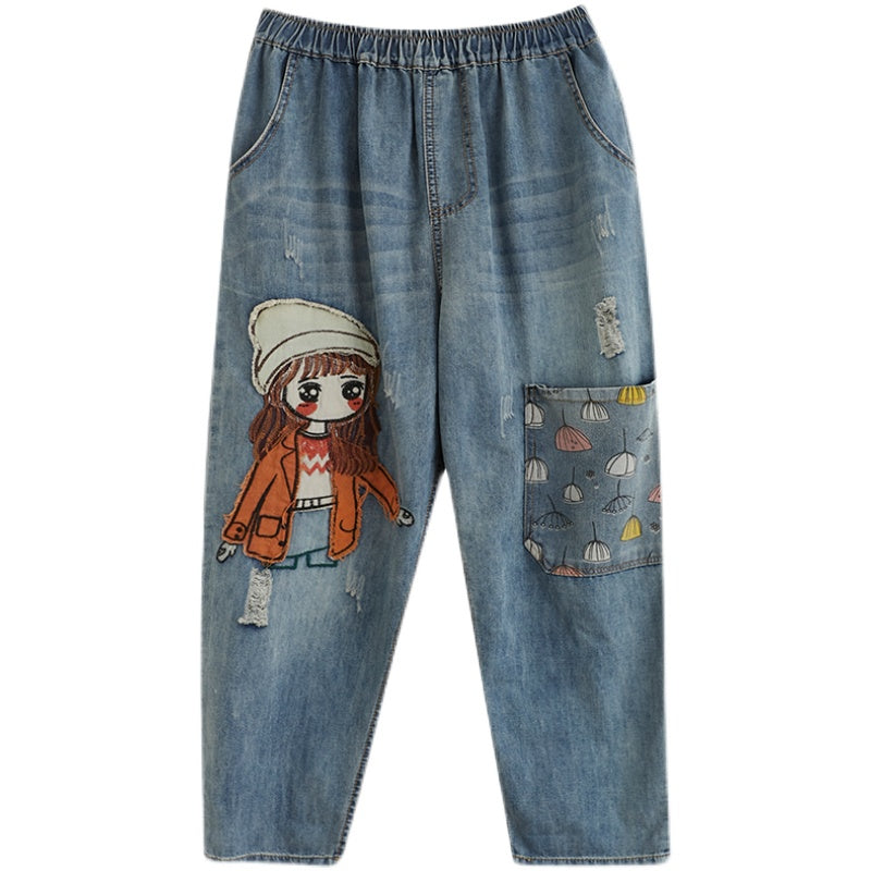 6537 Cartoon Litter Girl Embroidery Denim Pants For Women Trendy Hole
