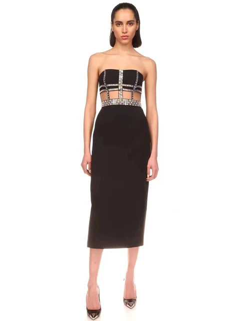Knitted black strapless beaded evening dress with bandages and backless dress